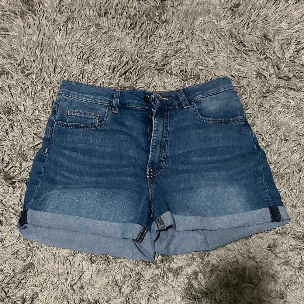 H&M Dark Blue High Waist Rolled Cuff Denim Shorts